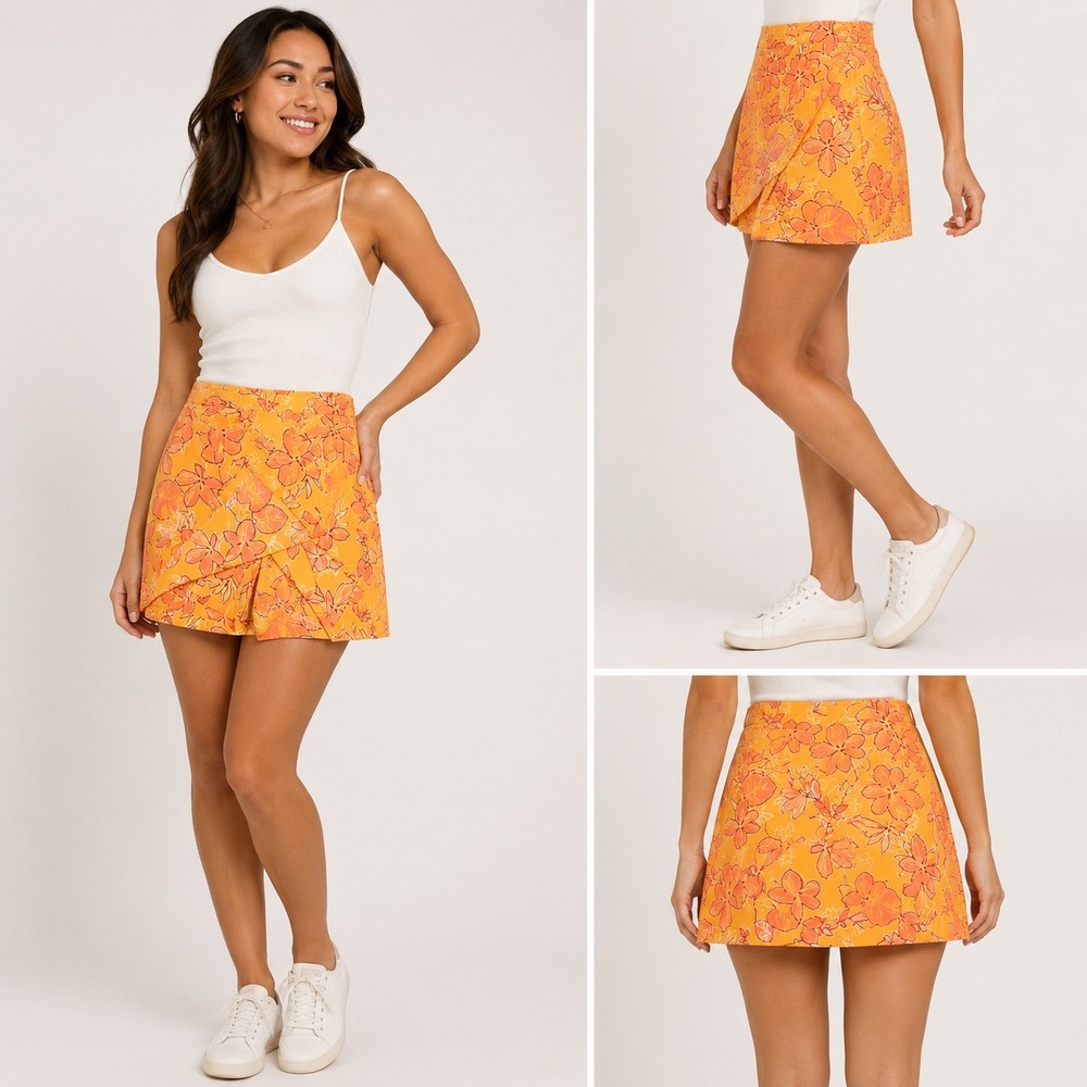 Cherokee Orange Floral Wrap Front Skort Plus‎ Size 16W Tropical Hibiscus Print